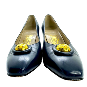 Vintage Salvatore Ferragamo 8.5AA Navy Leather Pumps Shoes Accent Kitten Heels